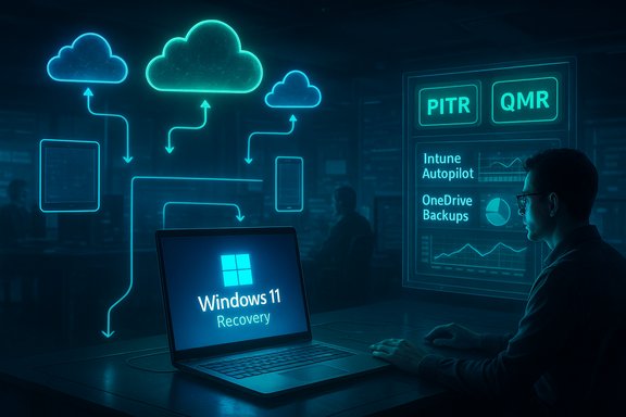 A technician works on Windows 11 Recovery amid neon cloud and data dashboards.