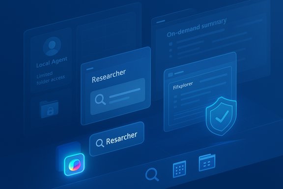 Blue, futuristic UI with floating panels labeled 'Researcher' and 'Fixplorer', plus a shield icon.