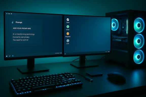 A dual-monitor computer setup with a blue-lit PC tower and illuminated peripherals.