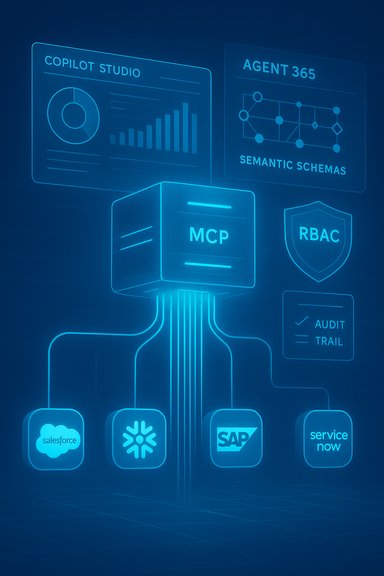Blue holographic dashboard with an MCP cube linking enterprise apps like Salesforce, Snowflake, SAP, and ServiceNow. Blue holographic dashboard with an MCP cube linking enterprise apps like Salesforce, Snowflake, SAP, and ServiceNow.