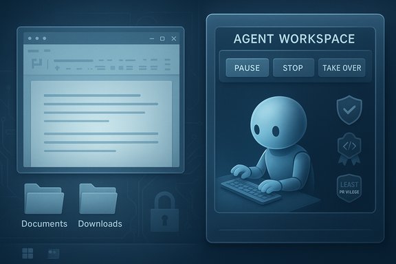 Blue-tinted dashboard with a robot typing at a keyboard in an Agent Workspace panel beside Documents and Downloads.