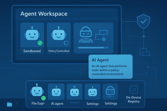 Blue-toned illustration of an Agent Workspace UI with sandboxed and policy-controlled AI agents.
