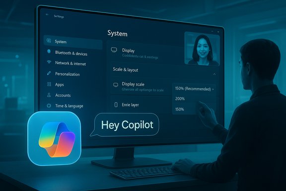 A person interacts with a large monitor showing system settings, with a 'Hey Copilot' bubble in the foreground.
