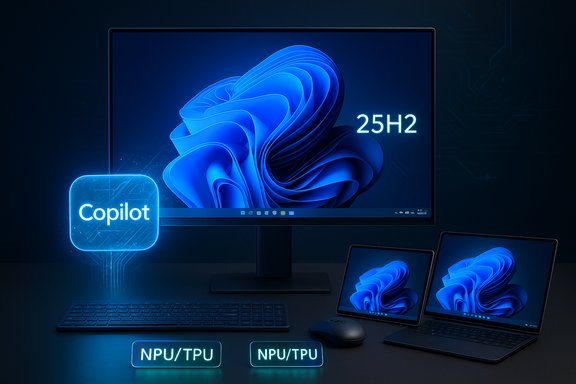 A futuristic workstation with a large monitor, two laptops, a glowing Copilot badge, and NPU/TPU labels.