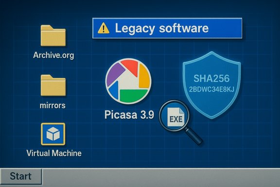 Retro Windows desktop labeled Legacy software with Picasa 3.9, Archive.org, mirrors, VM, SHA256, and an EXE icon.
