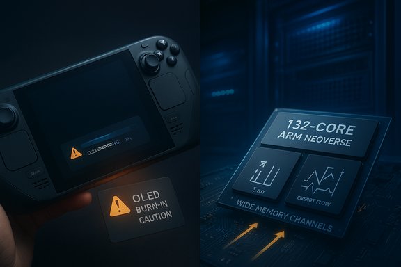 Split image: left shows OLED burn-in warning on a handheld console; right, a 132-core ARM Neoverse processor.