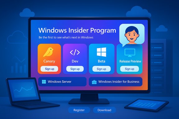 Windows Insider Program promo screen showing Canary, Dev, Beta, and Release Preview sign-up options.