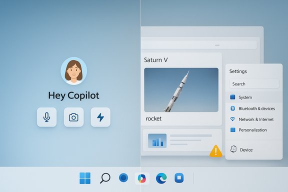 Split-screen UI with Hey Copilot avatar and shortcuts on the left, rocket image and settings on the right.