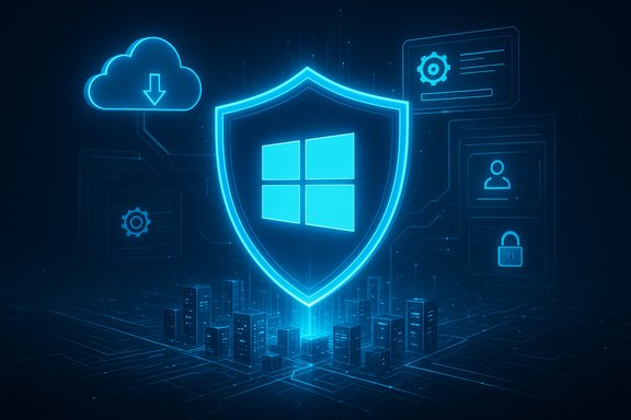 A neon Windows shield guards a cloud and interconnected digital infrastructure.