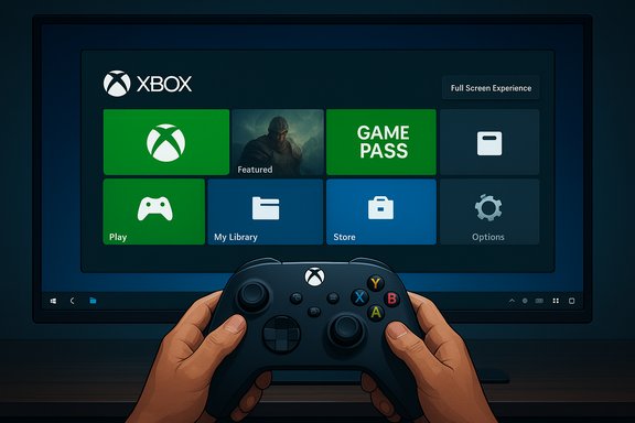 A person holds an Xbox controller as the Xbox home screen appears on a large display.