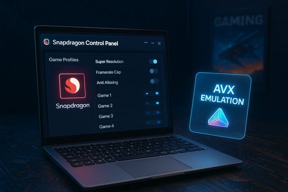 Laptop screen shows Snapdragon Control Panel with game profiles; a glowing AVX emulation card floats nearby.