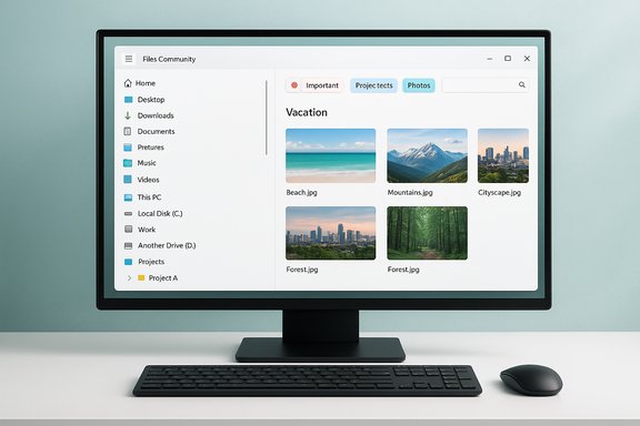 A desktop monitor shows a file explorer window featuring a Vacation photo gallery.