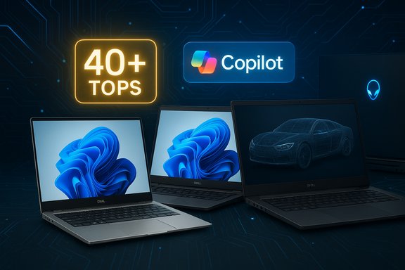 Three Dell laptops display blue 3D art and a car wireframe under neon 40+ TOPS and Copilot signs.