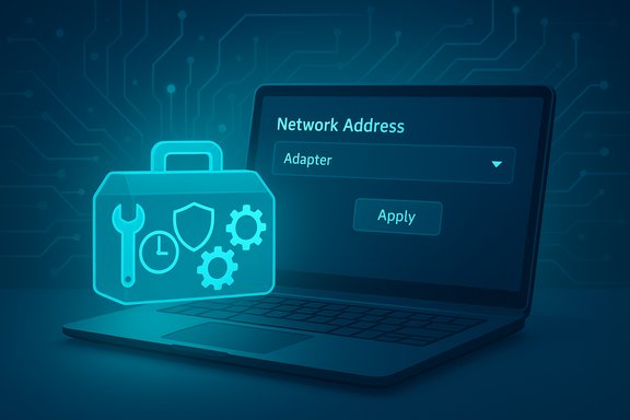 Laptop displays network address settings beside a glowing toolkit icon.