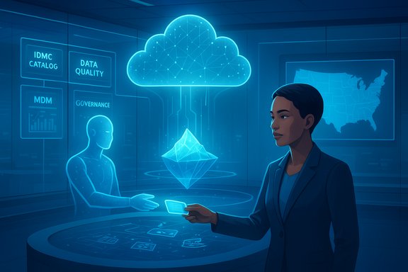 A futuristic data governance scene featuring a cloud network, holographic figure, and map display.
