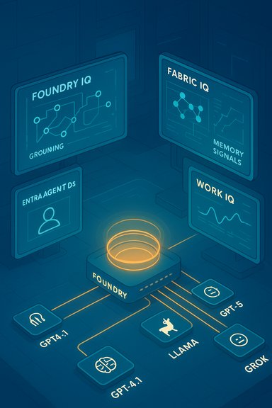 A neon isometric AI Foundry hub connecting GPT-4.x, GPT-5, LLAMA, and GROK models.