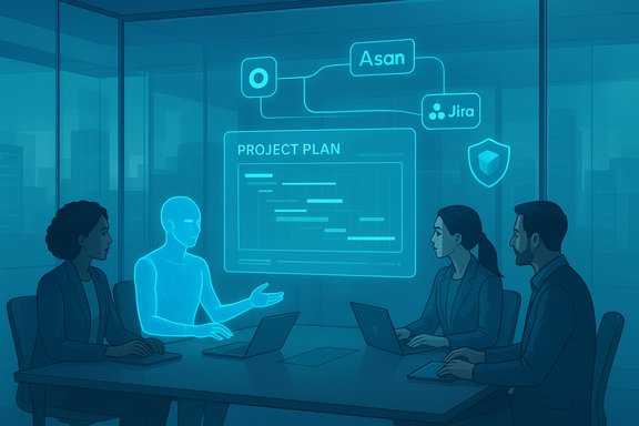 Team reviews a holographic project plan showing Asan and Jira in a glass-walled boardroom.