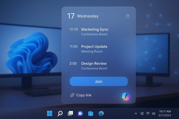 Blue translucent calendar overlay showing today’s meetings and a Join button.