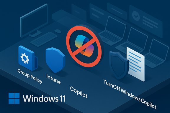 Windows 11 concept: Copilot turned off, with Group Policy and Intune icons.