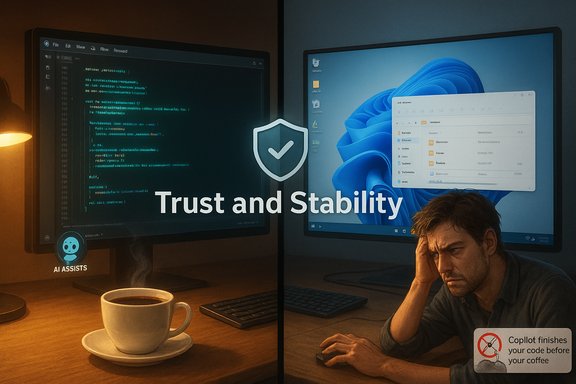 Split-screen tech scene: coding on the left, Windows on the right, under 'Trust and Stability'.