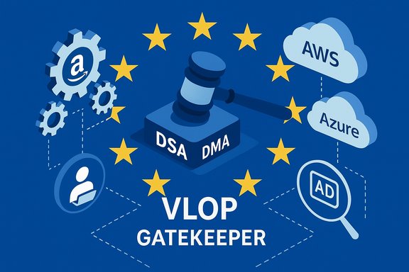 EU gatekeeper framework for DSA/DMA, featuring VLOP and cloud providers AWS/Azure.