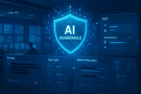 AI Guardrails shield glows over a futuristic blue security dashboard.
