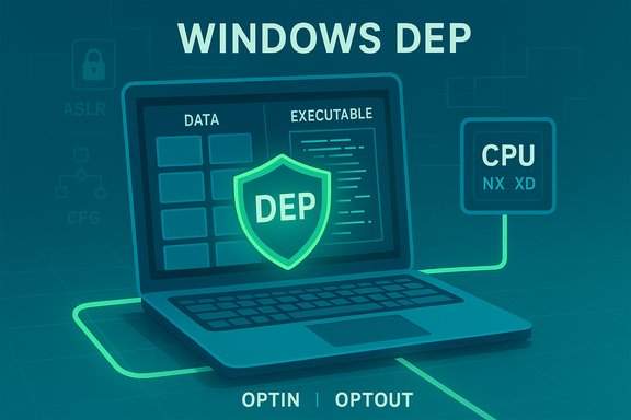 A laptop displays a DEP shield protecting data and executable blocks under Windows DEP with opt-in/opt-out.
