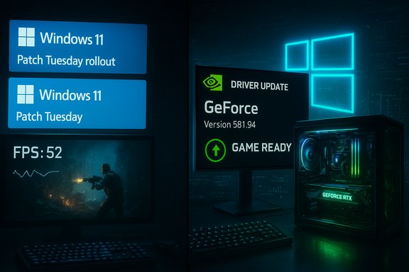 Windows 11 patch Tuesday banners sit beside a GeForce RTX gaming PC setup.