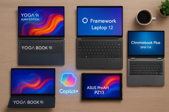 Top-down view of multiple laptops arranged on a wooden desk, with a neon Copilot+ sign.