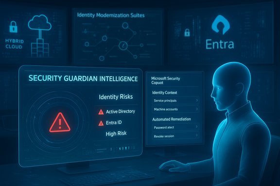 Blue holographic security dashboard tracks identity risks with Microsoft Security Copilot beside a humanoid analyst.