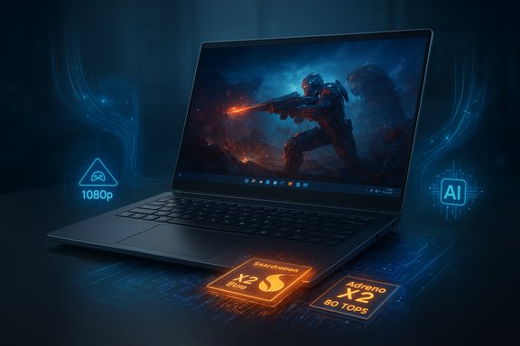 Futuristic gaming laptop glowing with AI and performance chips, displaying a sci-fi battle.