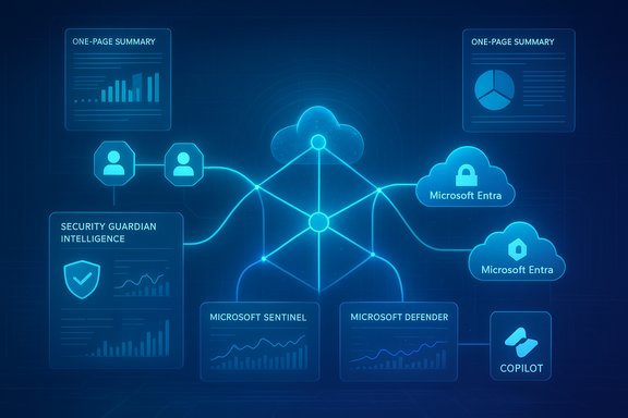 A blue futuristic network diagram linking Microsoft Entra, Defender, Sentinel, Copilot and security dashboards.