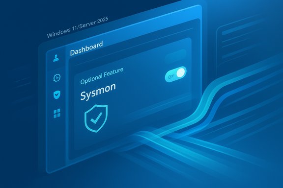 Futuristic Windows 11/Server dashboard UI showing Sysmon feature with a toggle switch.
