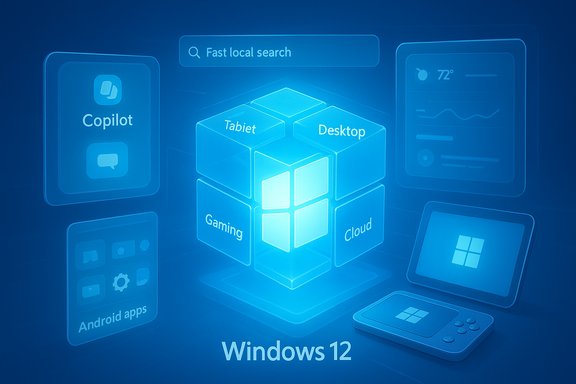 Futuristic Windows 12 concept with a glowing central cube and modular tiles for Tablet, Desktop, Gaming, and Cloud.