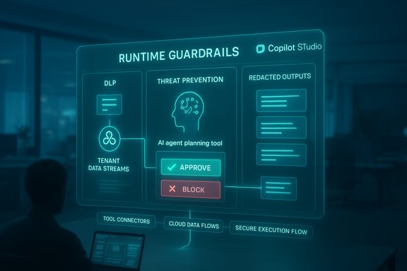A glowing blue holographic dashboard labeled Runtime Guardrails with AI planning, DLP, and approve/block controls.