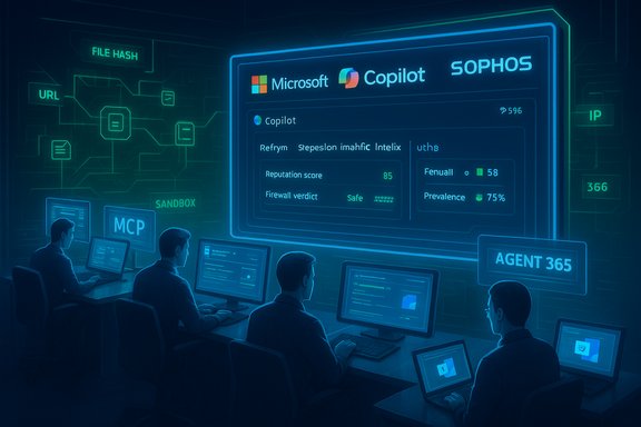 Cybersecurity analysts monitor a Copilot dashboard on a large screen in a high-tech operations room.