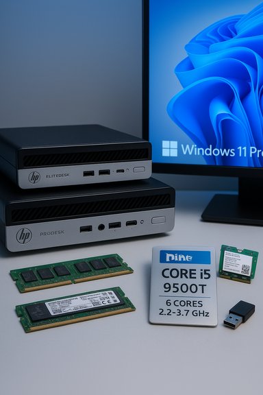 Two HP EliteDesk desktops with RAM modules and a Core i5-9500T badge beside a Windows 11 Pro monitor.