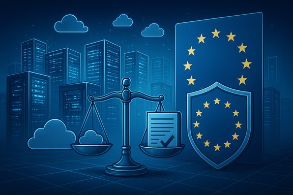 EU law and justice symbolized by scales beside a cityscape and shield.