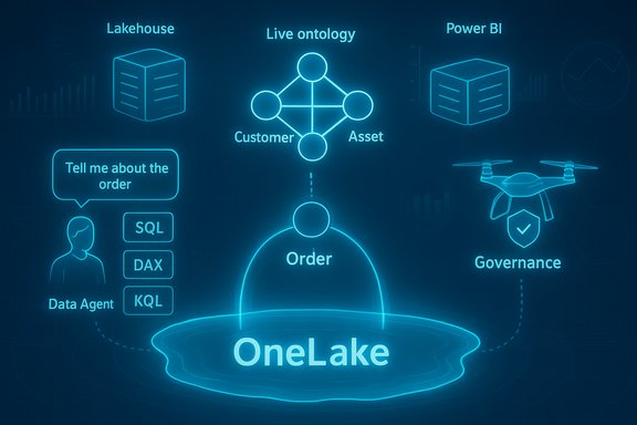 Neon blueprint of OneLake data lakehouse architecture highlighting order, governance, and live ontology. Neon blueprint of OneLake data lakehouse architecture highlighting order, governance, and live ontology.