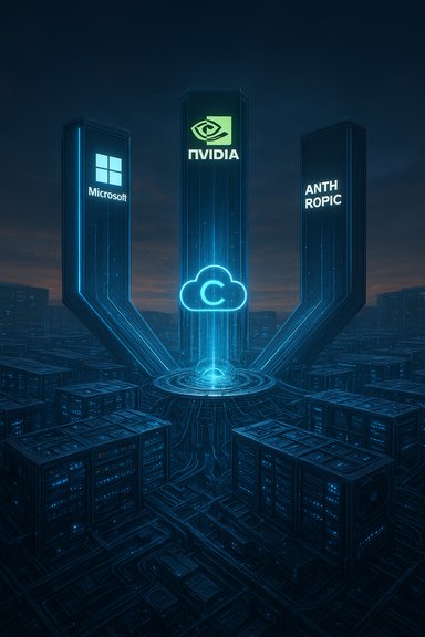 A futuristic cloud data hub with Microsoft, NVIDIA, and Anthropic towers linked by a glowing cloud.