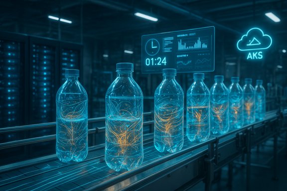 Futuristic bottling line with glowing, root-like contents inside clear plastic bottles.
