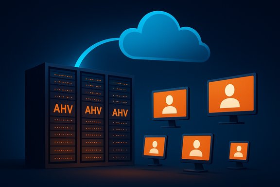 AHV server cluster connected to the cloud delivering virtual desktops to multiple monitors. AHV server cluster connected to the cloud delivering virtual desktops to multiple monitors.