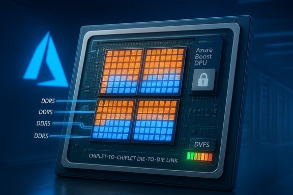 A futuristic chip diagram labeled 'Azure Boost DPU' with glowing die tiles and DDRS connections.