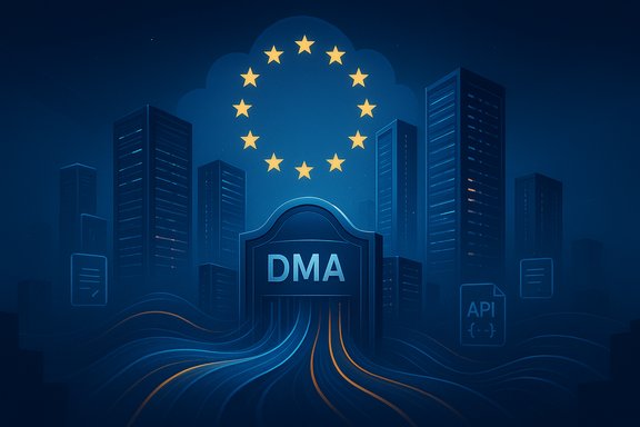 EU DMA shield channels data streams through a futuristic city. EU DMA shield channels data streams through a futuristic city.