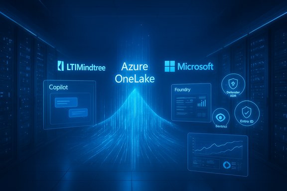 Blue-lit data center featuring Azure OneLake with LTIMindtree and Microsoft logos.