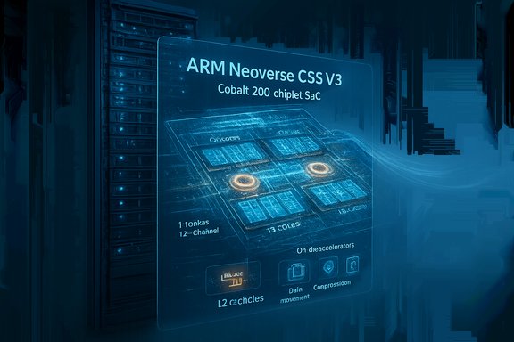 Blue holographic sign displaying ARM Neoverse CSS V3 chipset on a server panel.