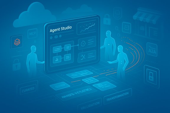 Futuristic blue scene with Agent Studio dashboard, holographic data and figures.