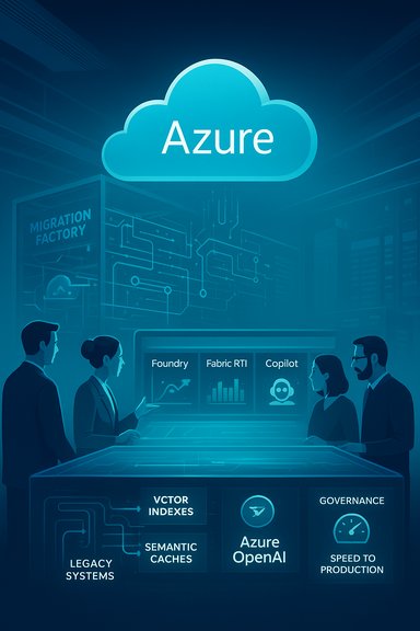 Azure cloud platform powering a futuristic data factory with OpenAI and governance.