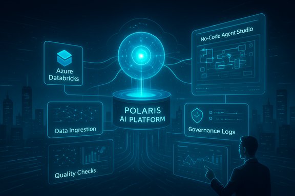 Polaris AI Platform hub linking Azure Databricks, No-Code Studio, data ingestion, and governance logs.