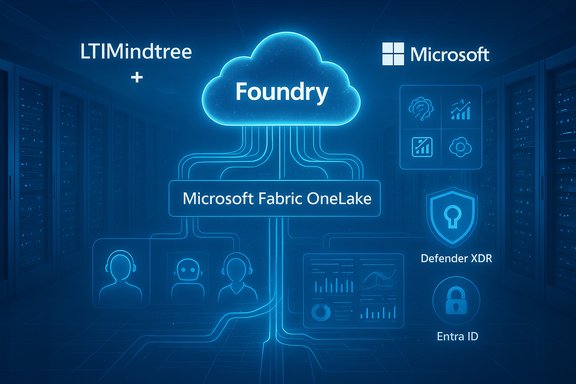 Neon blue cloud labeled Foundry connects Microsoft Fabric OneLake in a data center.